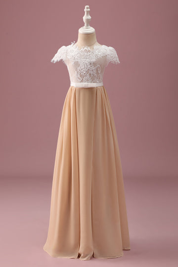 Robe de demoiselle d’honneur junior en dentelle Champagne A Line à manches courtes